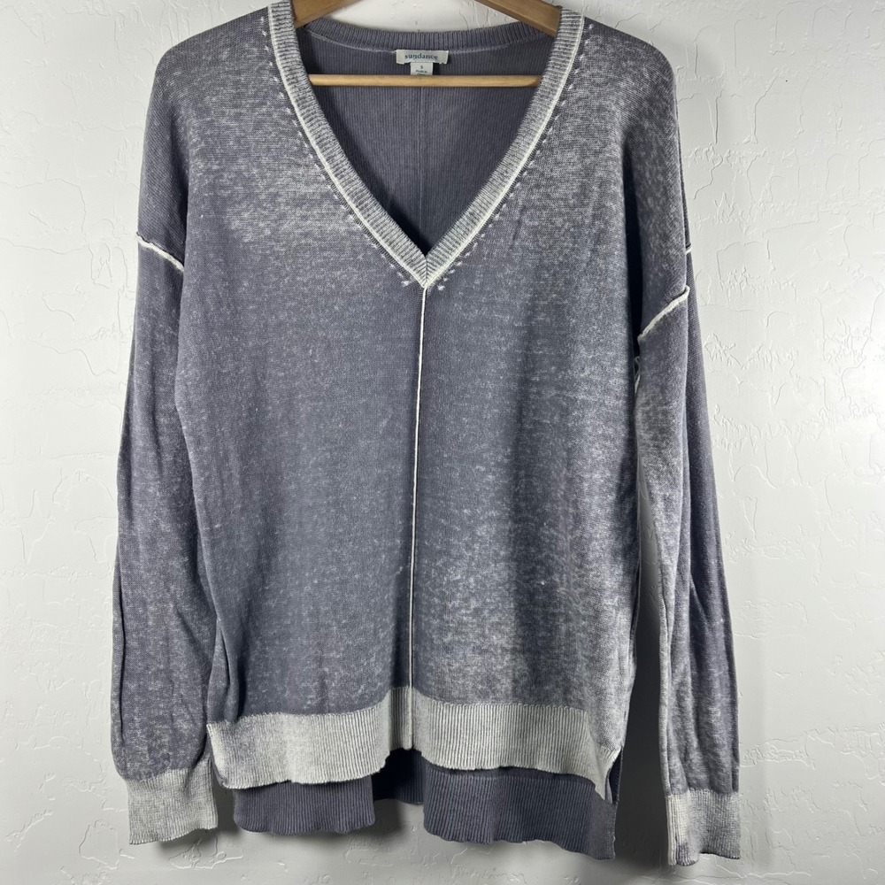 Sundance Samantha Womens V-Neck Cotton Sweater Faded Acid Wash Exposed Seam SZ S